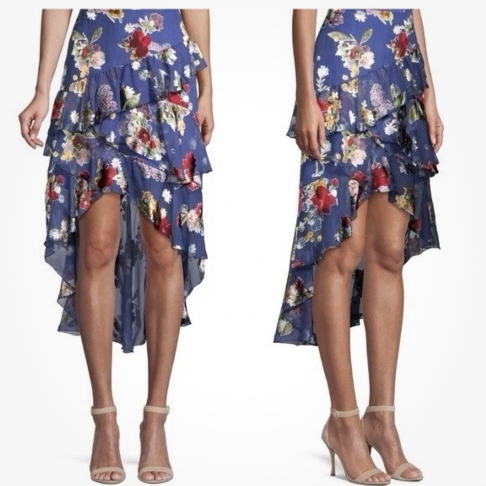 Alice + Olivia Womens Silk Velvet Ruffle Sheer Hi Low Skirt Size 4 Blue Floral